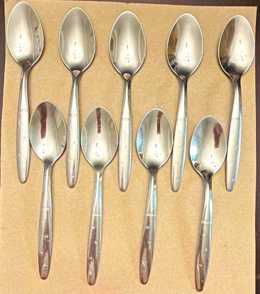 Lot of 9 Washington Forge Starflyte Teaspoons Stainless Steel 6" Vintage MCM